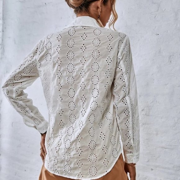 Embroiderd Button Down Blouse top white - Picture 6 of 6